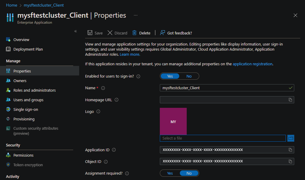 Screenshot of properties for client app registration in the portal.