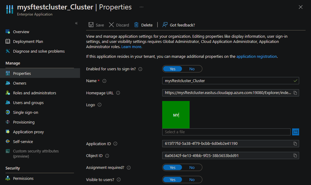 Screenshot of properties for cluster app registration in the portal.