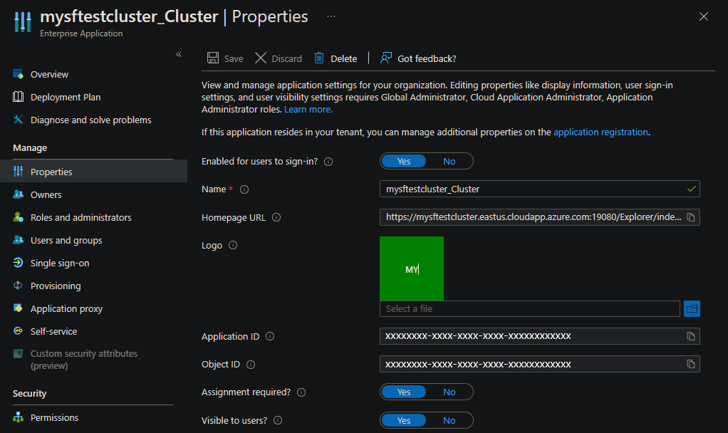 Screenshot of properties for cluster app registration in the portal.