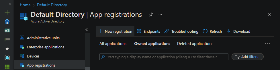 Screenshot of the pane for client app registrations and the button for a new registration.