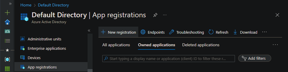 Screenshot of the pane for cluster app registrations and the button for a new registration.