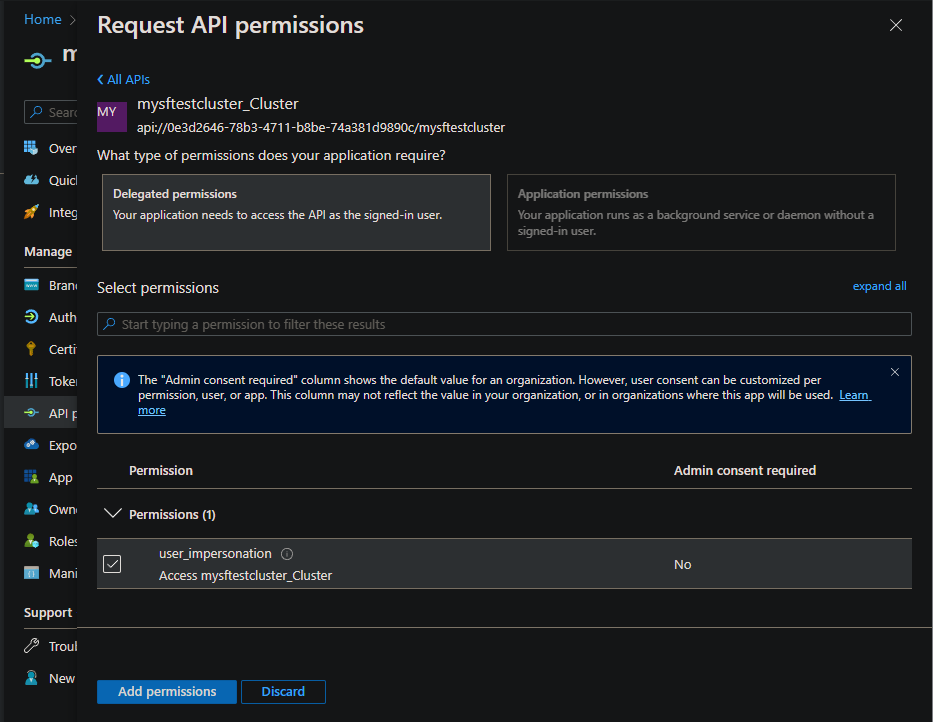 Screenshot that shows selections for delegated permissions in the portal.
