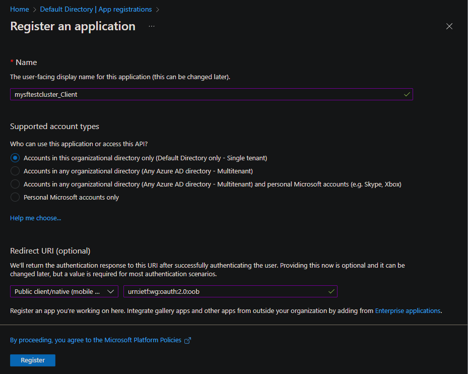 Screenshot of client app registration in the portal.