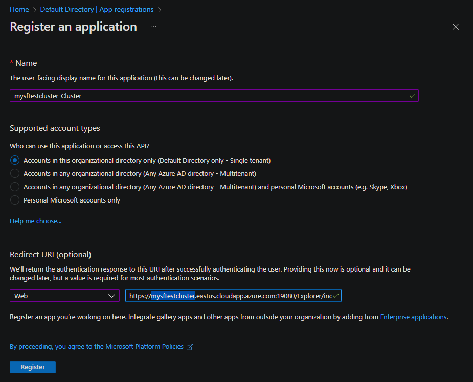 Screenshot of cluster app registration in the portal.