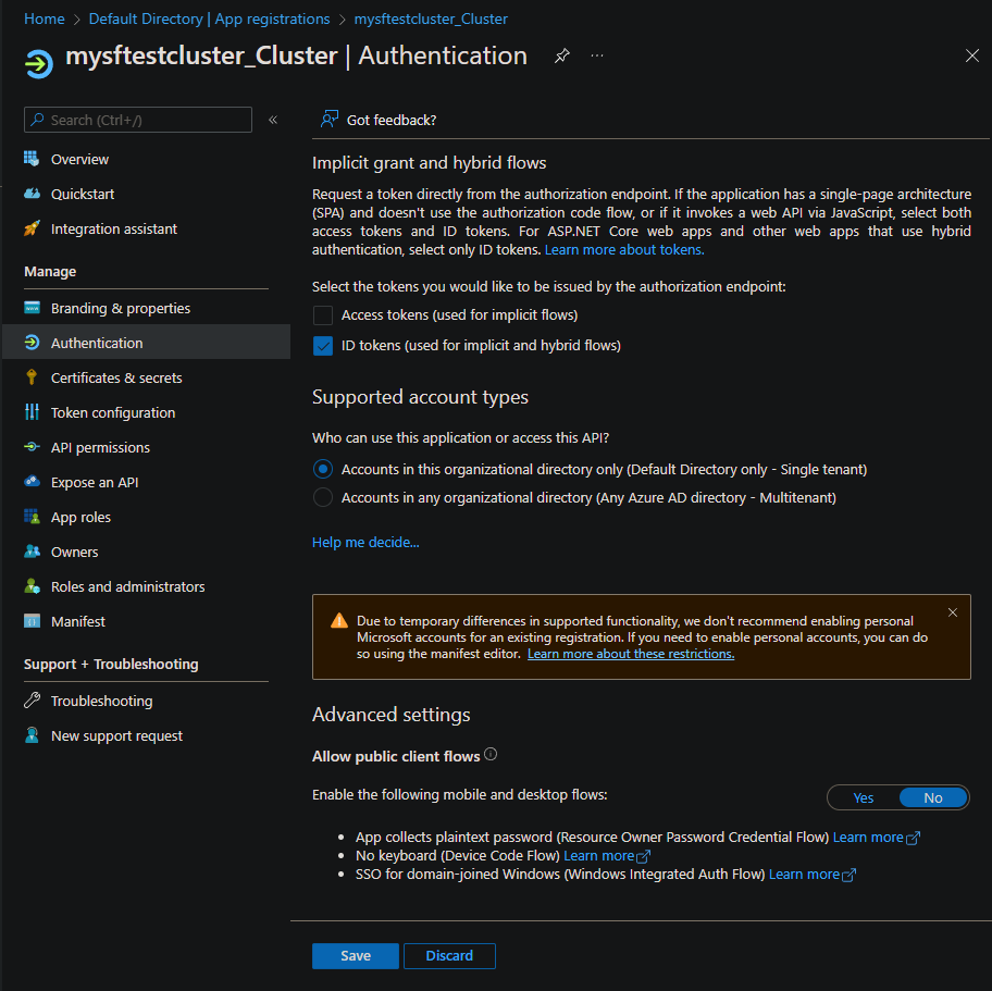 Screenshot of cluster authentication information in the portal.