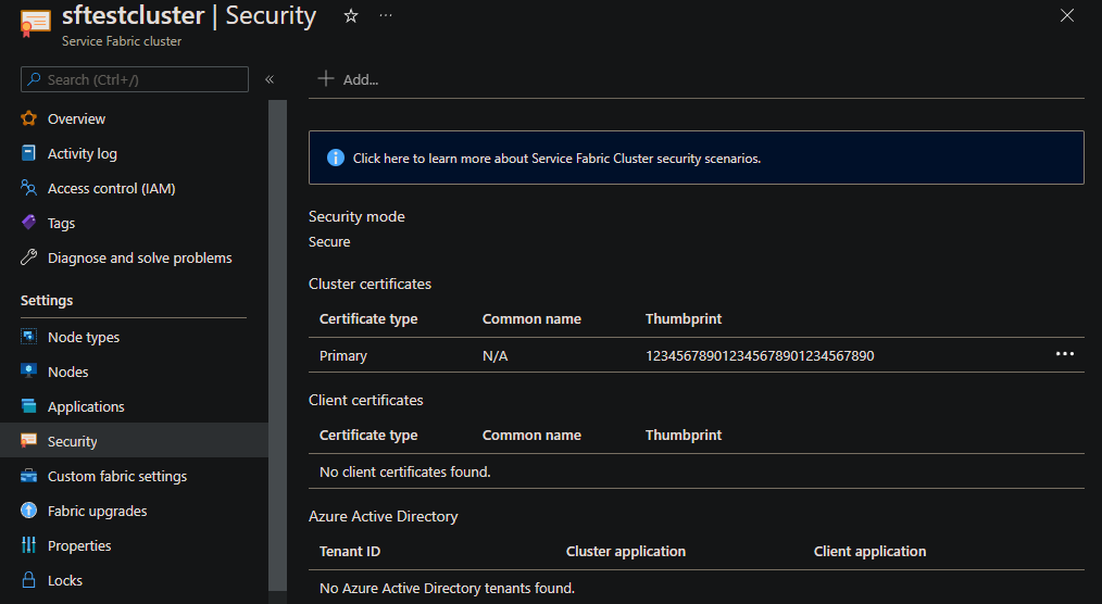 Screenshot of the Security pane and the Add button.