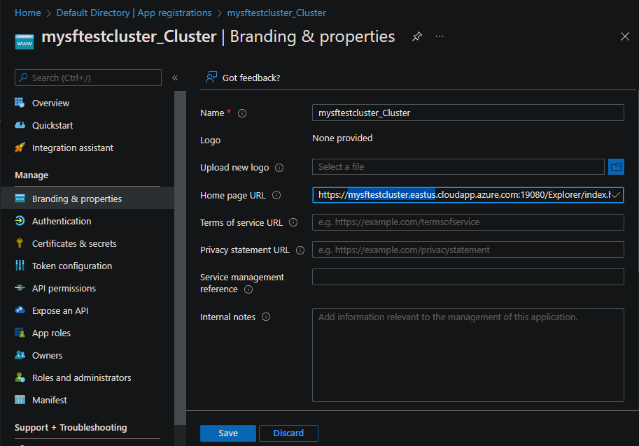 Screenshot of cluster branding information in the portal.