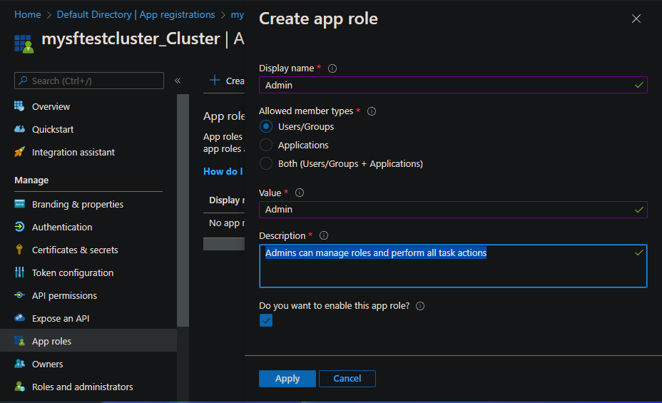 Screenshot of selections for creating an admin user role in the portal.