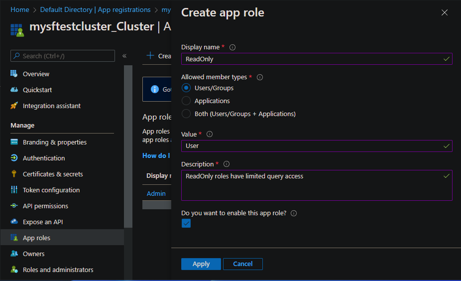 Screenshot of selections for creating a read-only user role in the portal.