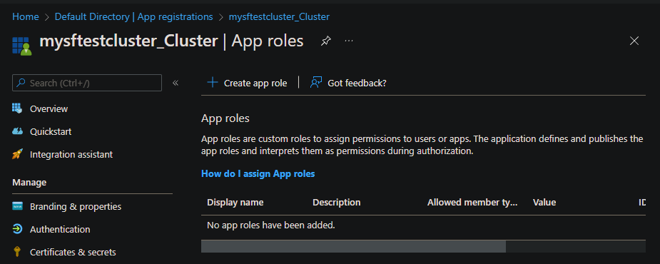 Screenshot of the pane for assigning app roles in the portal.