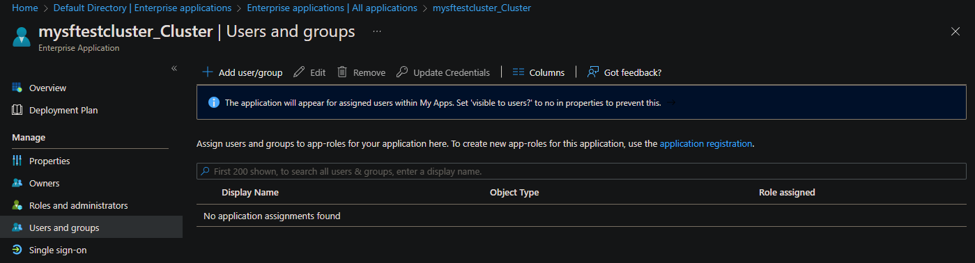 Screenshot of selections for adding an existing Microsoft Entra user role assignment in the portal.