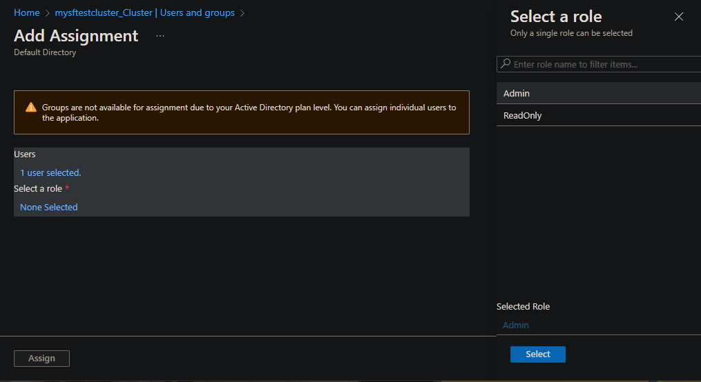Screenshot of selecting the admin role for a user.