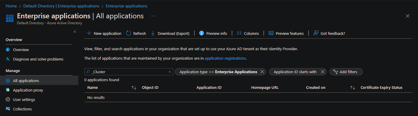 Screenshot of enterprise apps with default filters in the portal.