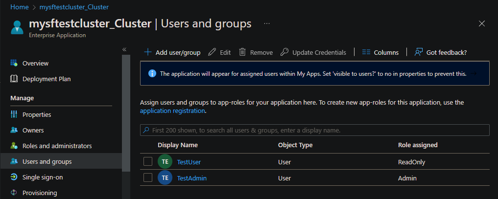 Screenshot of the pane for users and groups, with roles assigned.
