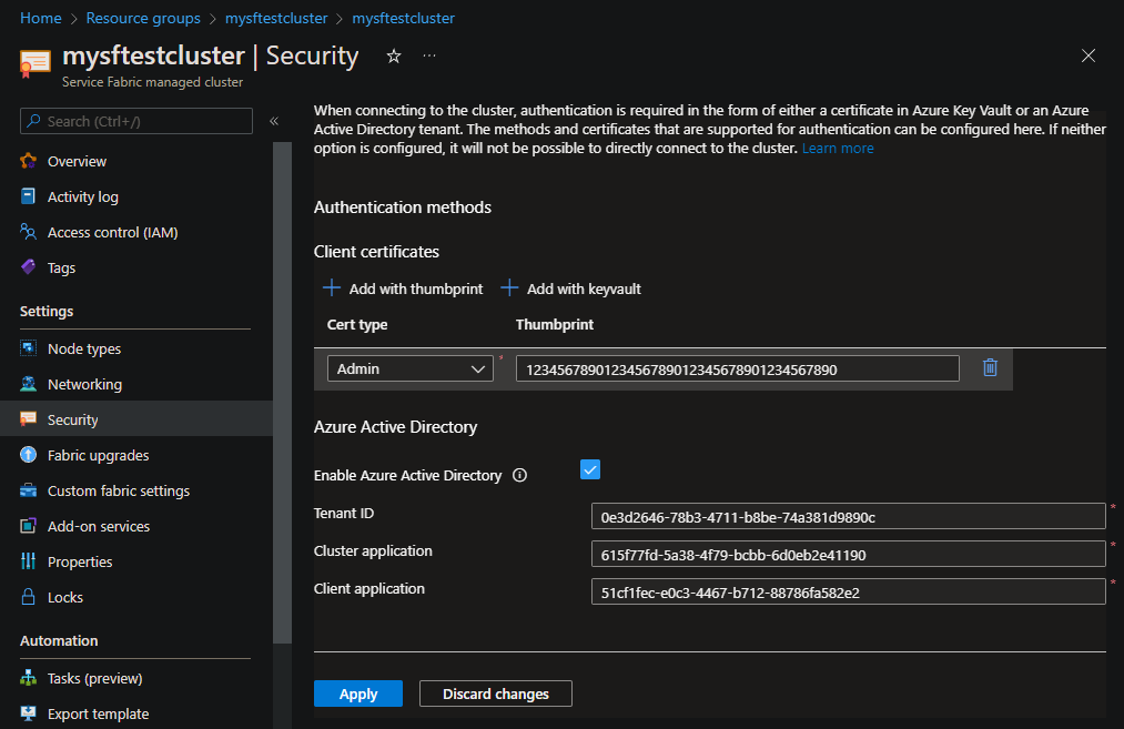 Screenshot of selections for enabling Azure AD for a managed cluster.
