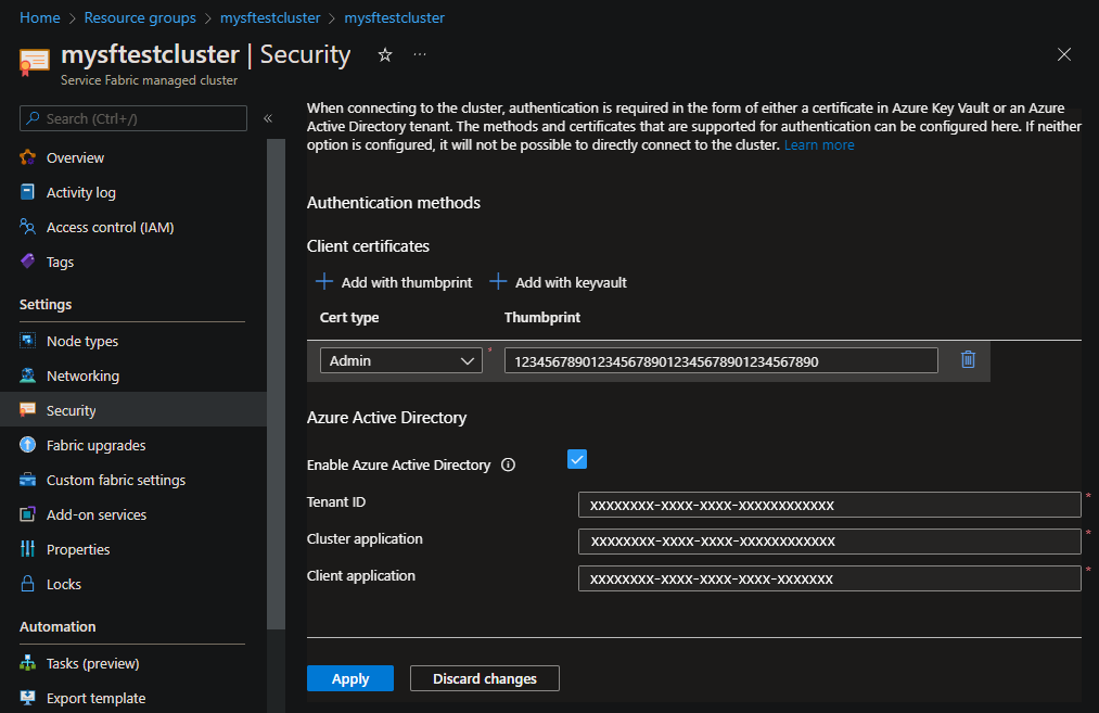 Screenshot of selections for enabling Microsoft Entra ID for a managed cluster.