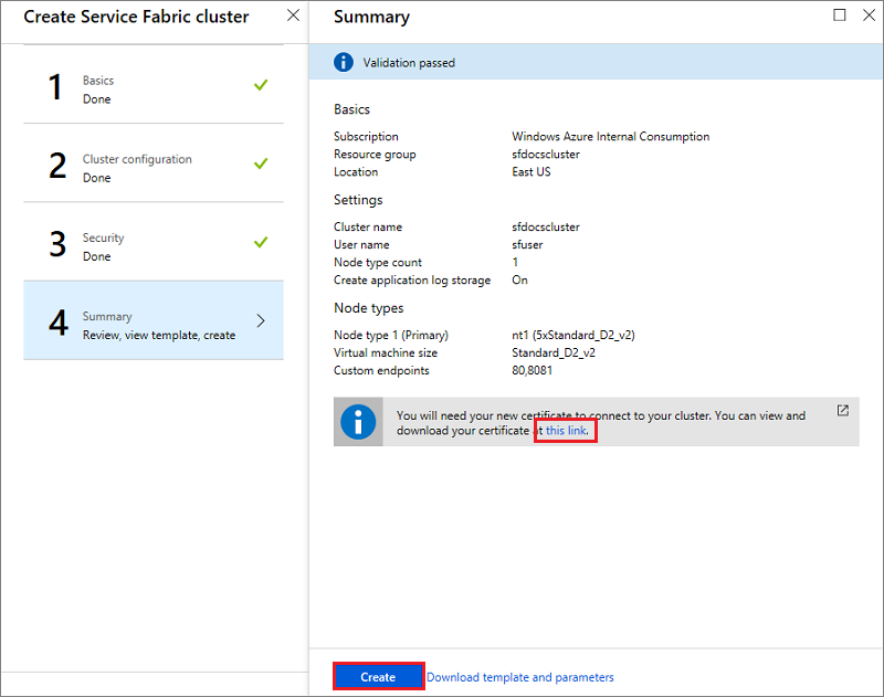 Screenshot shows the Create Service Fabric cluster Summary page with a link to view and download a certificate.