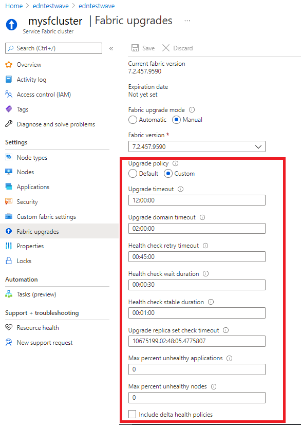 Select the 'Custom' upgrade policy option in the 'Fabric upgrades' section of your cluster resource in Azure portal in order to set custom health policies during upgrade