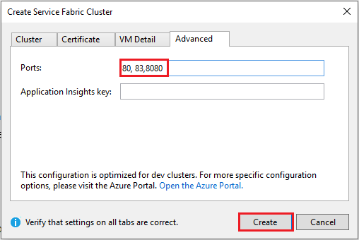 Screenshot shows the Advanced tab of the Create Service Fabric Cluster dialog box.