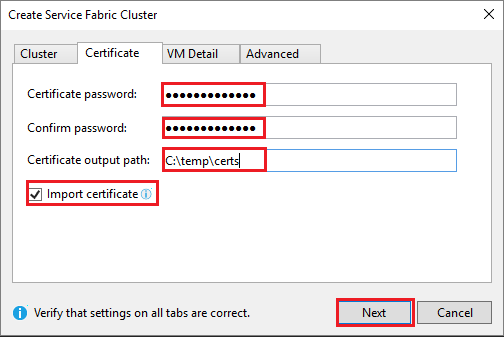 Screenshot shows the Certificate tab of the Create Service Fabric Cluster dialog box.