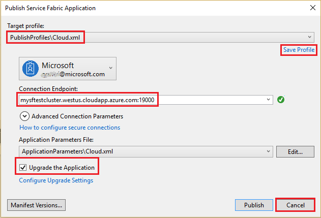 Screenshot that shows pushing a profile to publish the application.