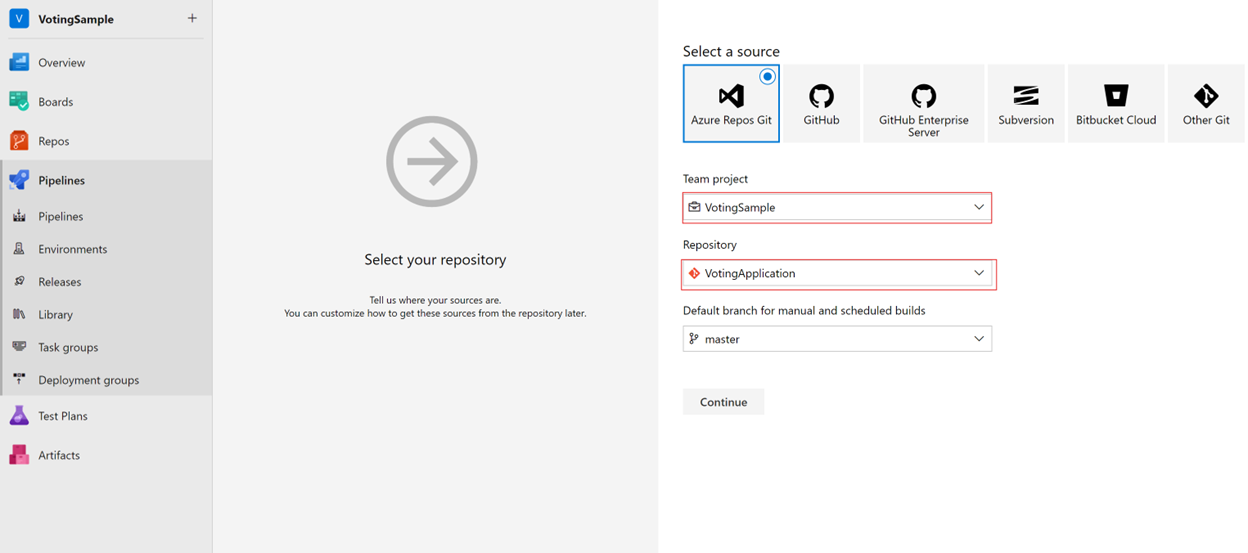 Screenshot that shows selecting the repository in Azure DevOps.