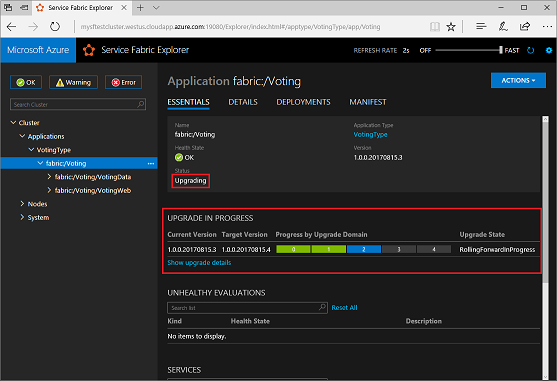 Screenshot of the Voting app in Service Fabric Explorer. An "Upgrade in Progress" message is highlighted and the app Status is "Upgrading".