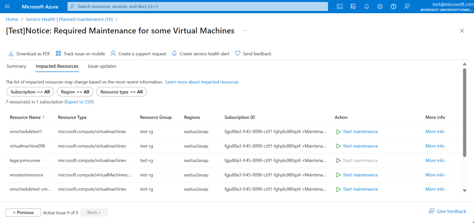 Screenshot of planned maintenance impacted resources in Azure Service Health.