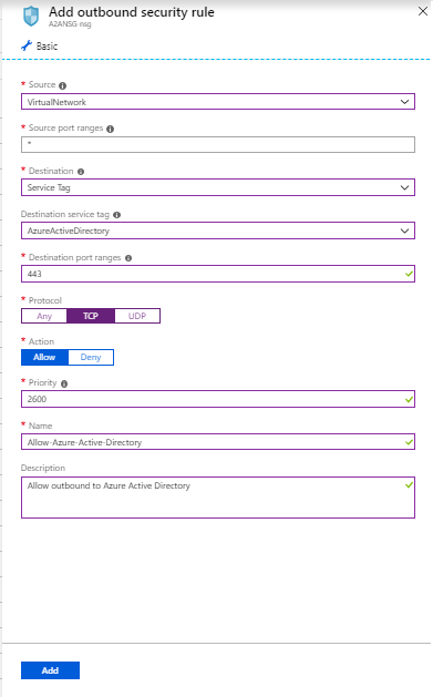 Screenshot shows an Add outbound security rule pane for a security rule for Microsoft Entra ID.