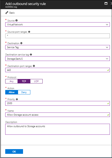 Screenshot shows an Add outbound security rule pane for a security rule for Storage dot East U S.