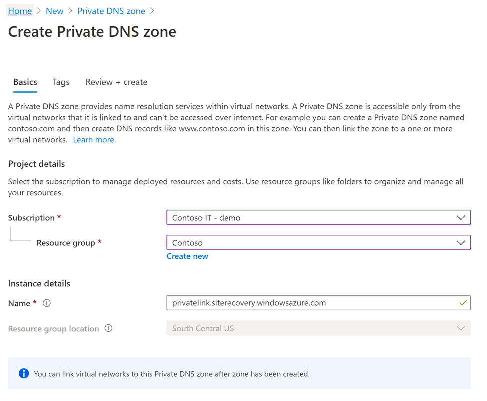 Shows the Basics tab of the Create Private DNS zone page and related project details in the Azure portal.