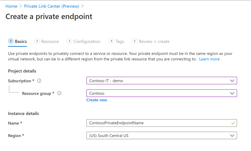 Shows the Basic tab, project details, subscription, and other related fields for creating a private endpoint in the Azure portal.