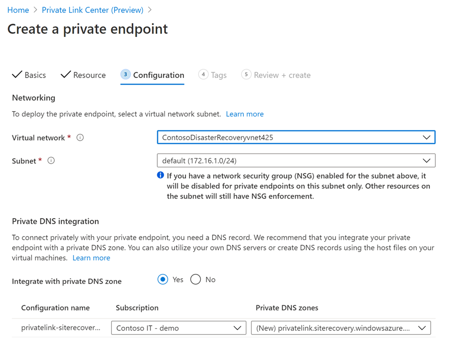 Shows the Configuration tab with networking and DNS integration fields for configuration of a private endpoint in the Azure portal.