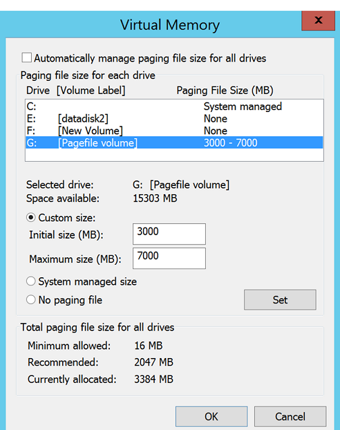 Paging file settings on the on-premises virtual machine