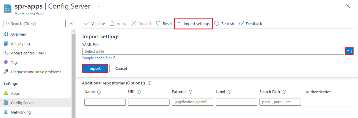 Screenshot of the Config Server Import settings pane.