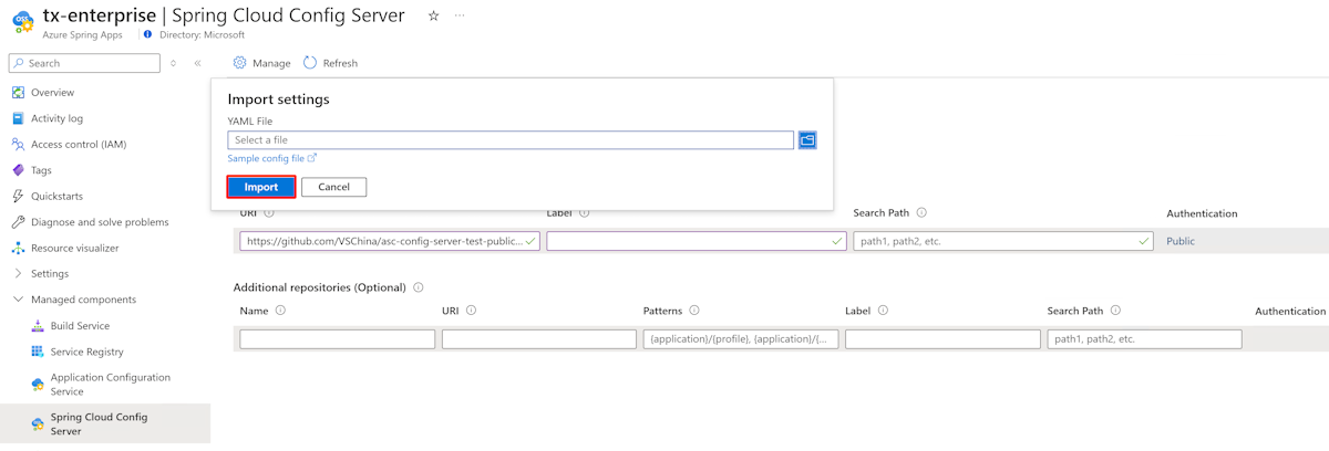 Screenshot of the Config Server Import settings pane.