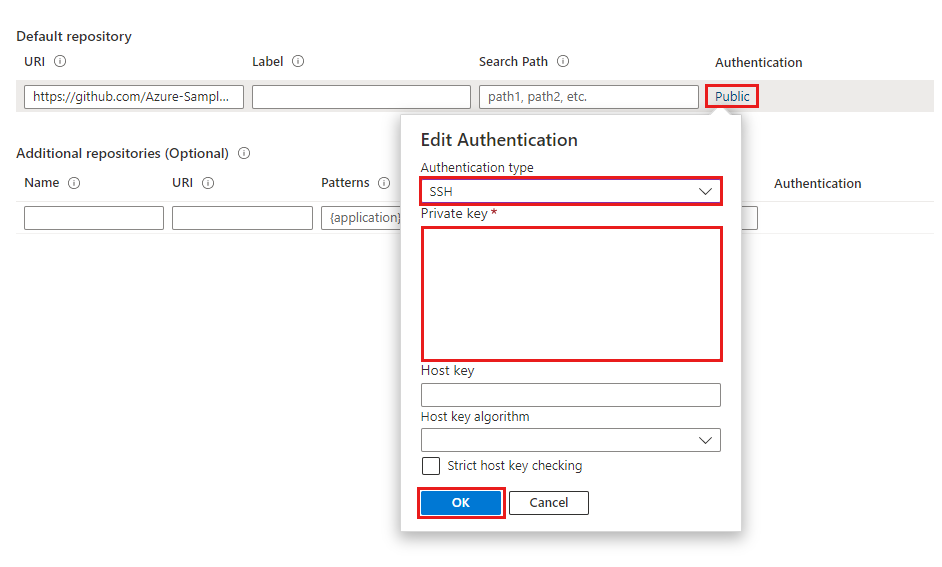 Screenshot of the Default repository section showing authentication settings for SSH authentication.