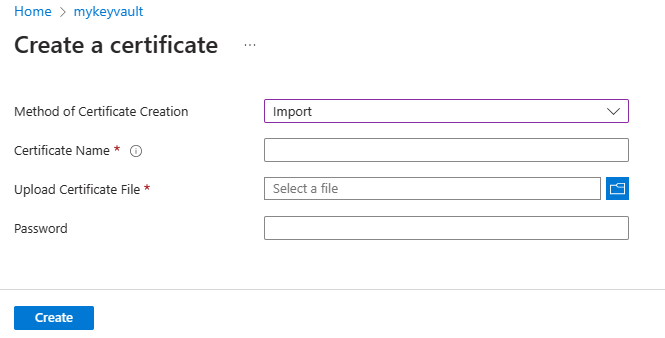 Screenshot of the Azure portal Create a certificate dialog box.