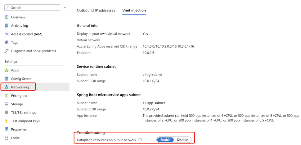 Screenshot of the Azure portal that shows the Networking page with the Vnet injection tab selected and the Troubleshooting section highlighted.