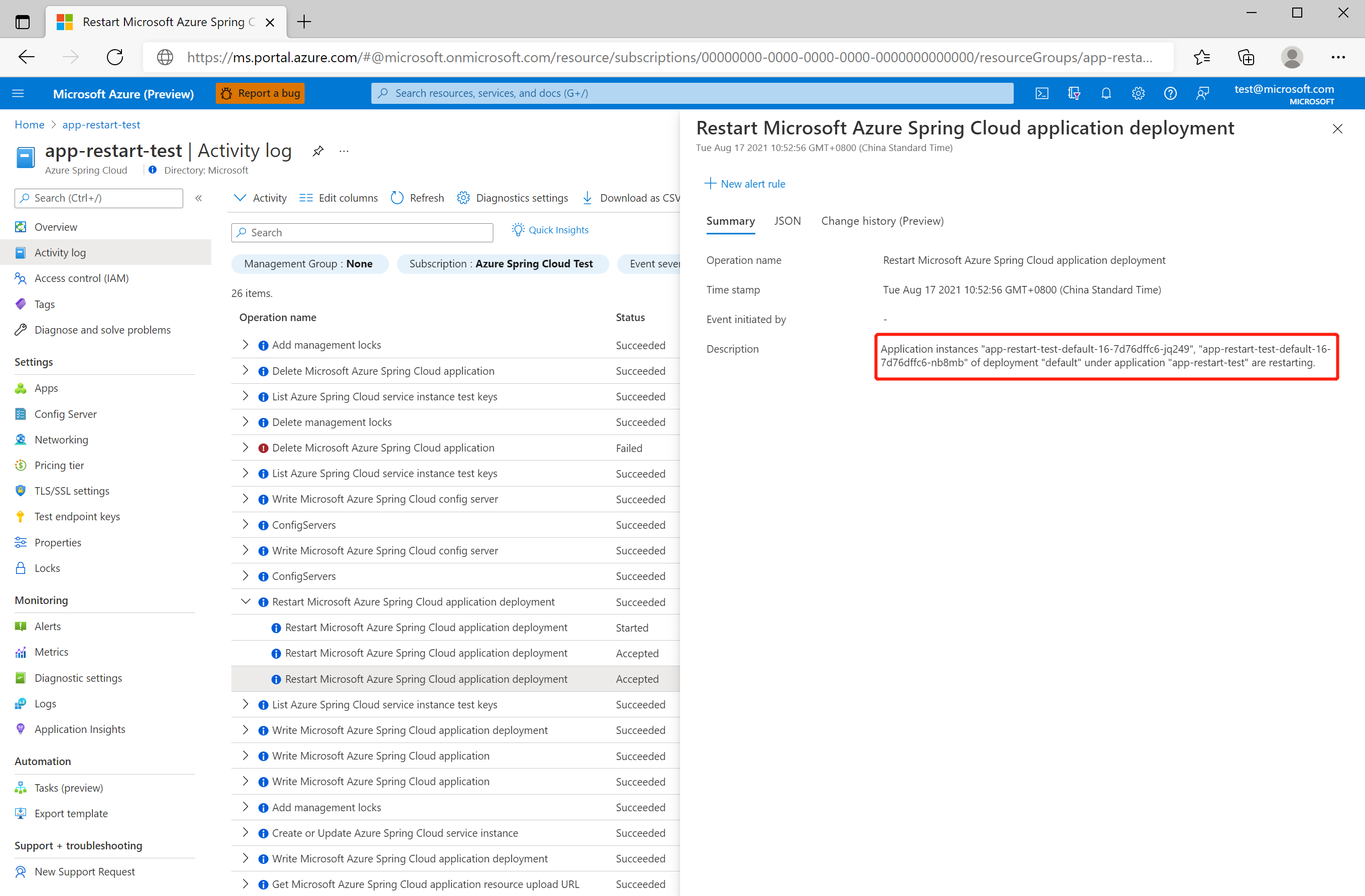 Screenshot of the Azure portal showing the Activity log page and the details pane open on the selected operation.