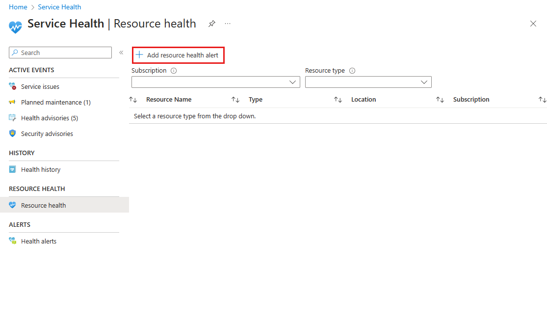 Screenshot of Azure portal Resource health page with the 'Add resource health alert' button highlighted.