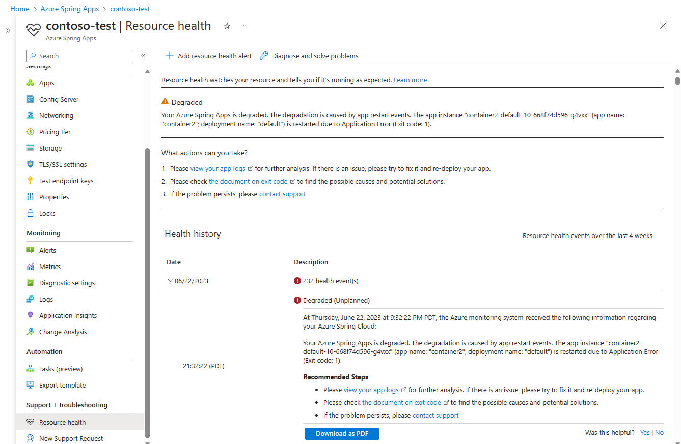 Screenshot of the Azure portal showing the Resource Health page with the information and health history for degraded resource.