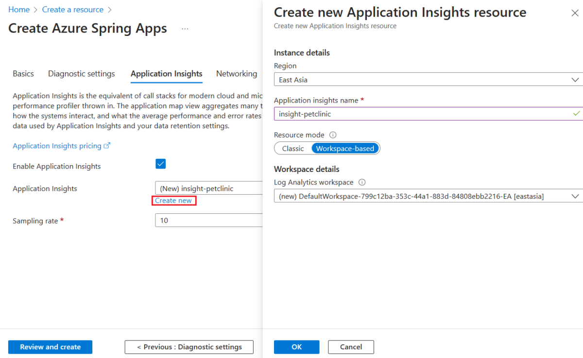 Screenshot of the Azure portal that shows the Create Azure Spring Apps page with the Create new Application Insights resource pane showing.
