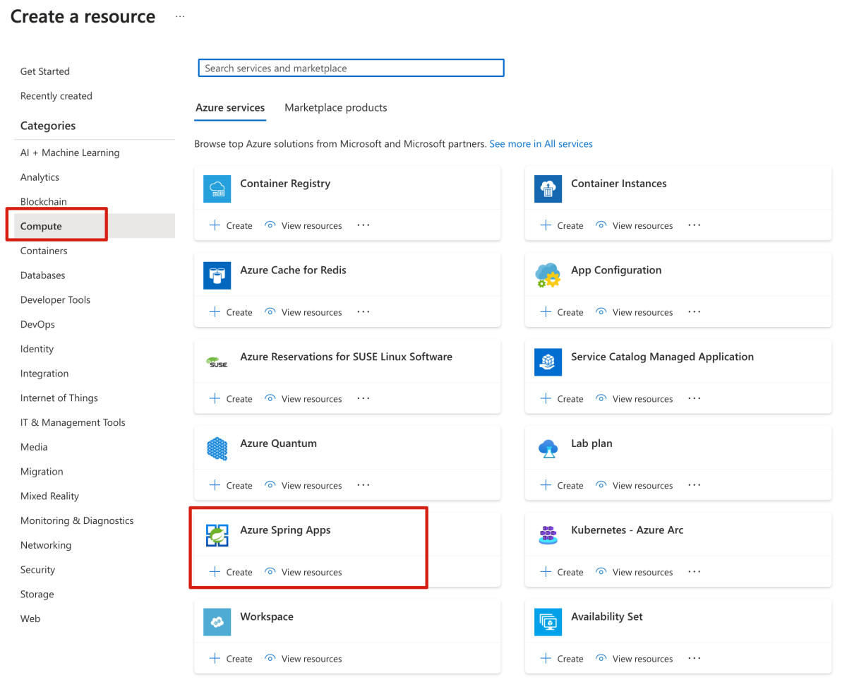 Screenshot of the Azure portal that shows the Create a Resource page with Azure Spring Apps highlighted.