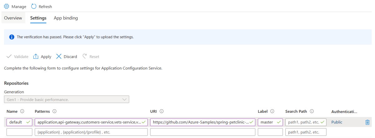 Screenshot of the Azure portal that shows the Application Configuration Service Settings tab.