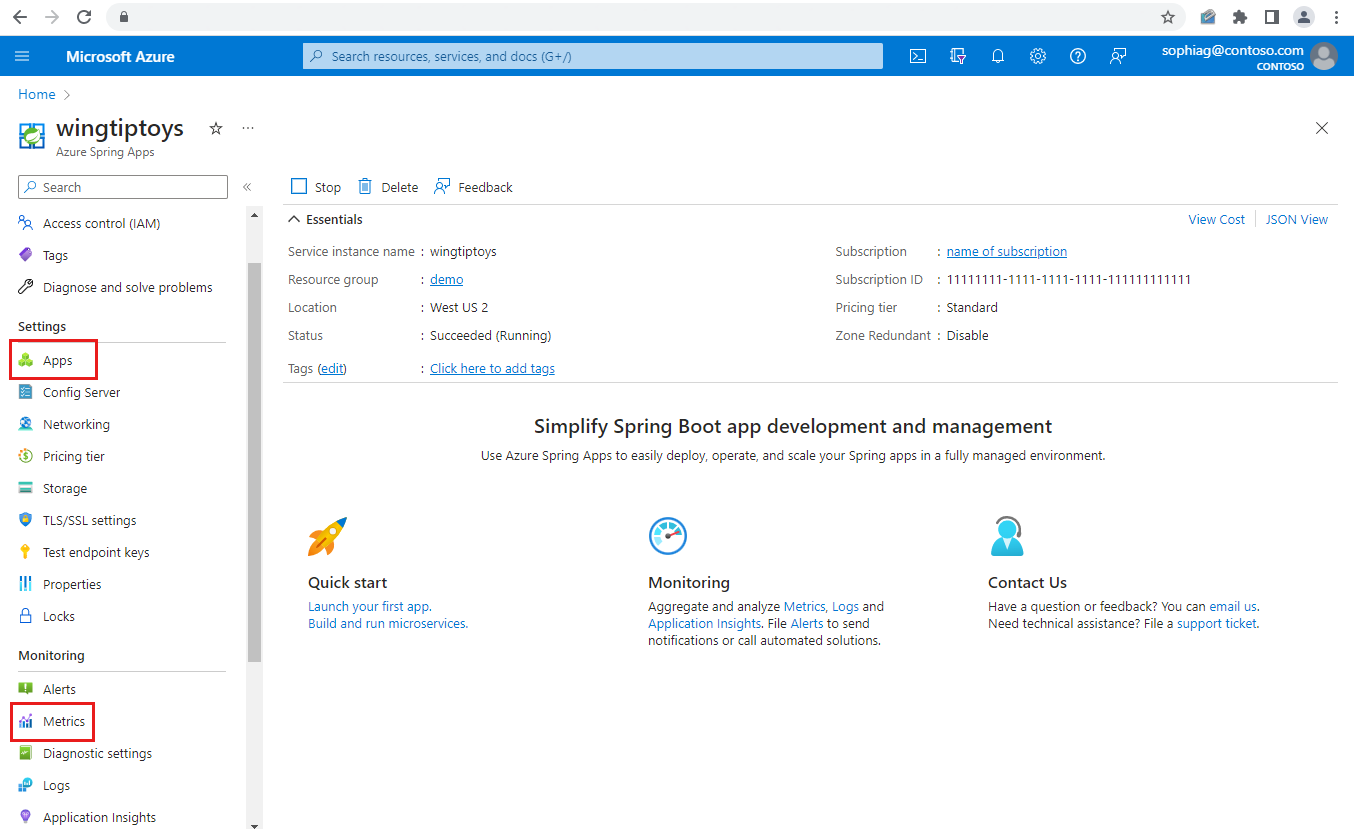 Screenshot of the Azure portal showing the Azure Spring Apps Overview page with Apps and Metrics highlighted in the navigation pane.