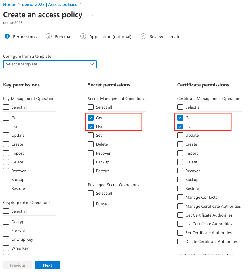 Screenshot of the Azure portal showing the Add Access Policy page for a key vault with Azure Spring Apps Domain-management selected from the Select a principal dropdown.