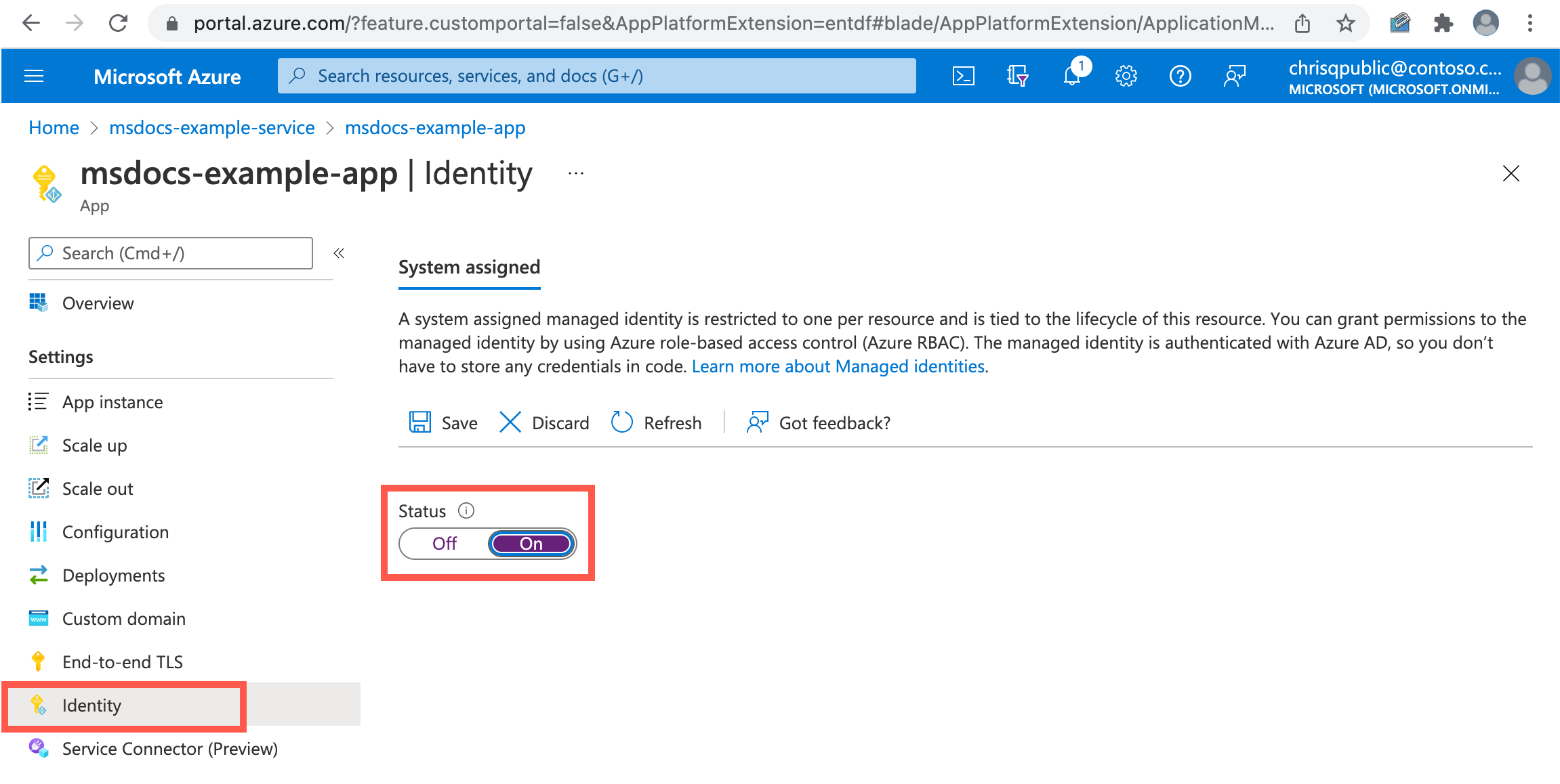 Screenshot of Azure portal showing the Identity screen for an application.