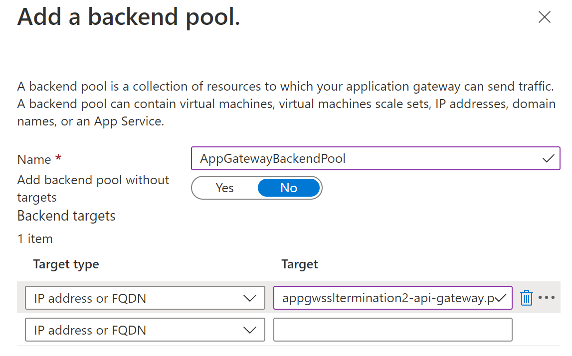 Screenshot of Azure portal 'Add a backend pool' page.