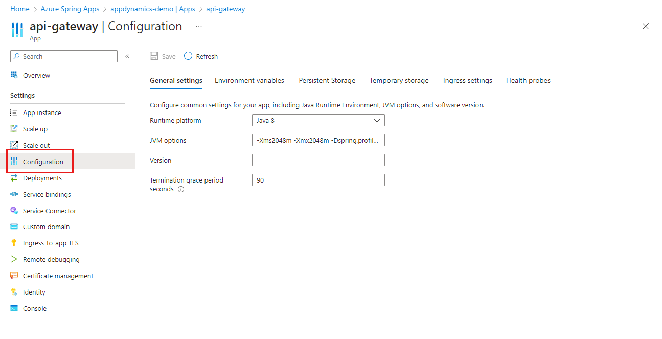 Screenshot of Azure portal showing the 'General settings' section of the app's Configuration page, with 'J V M options' highlighted.